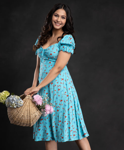 Sky Blue Drawstring Ruched Printed Dress